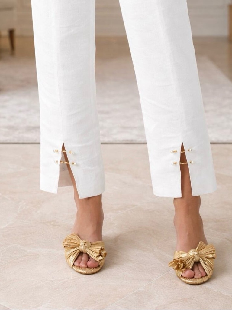Aje White Cropped Pants With Pearl-Accent Ankle Slits